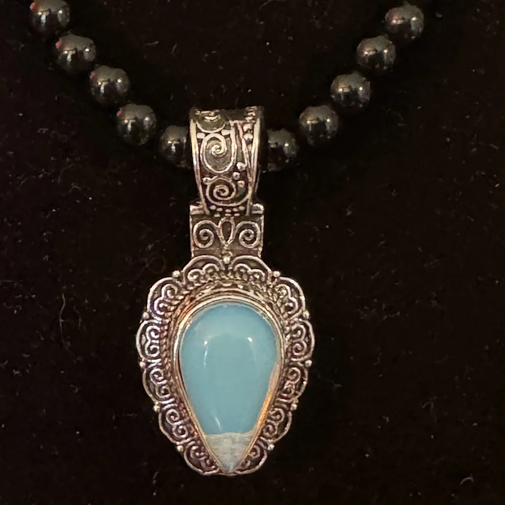 Blue Milky Opal, Simulated, Silver Plated Pendant, Black Beaded Boho Necklace - Picture 3 of 11